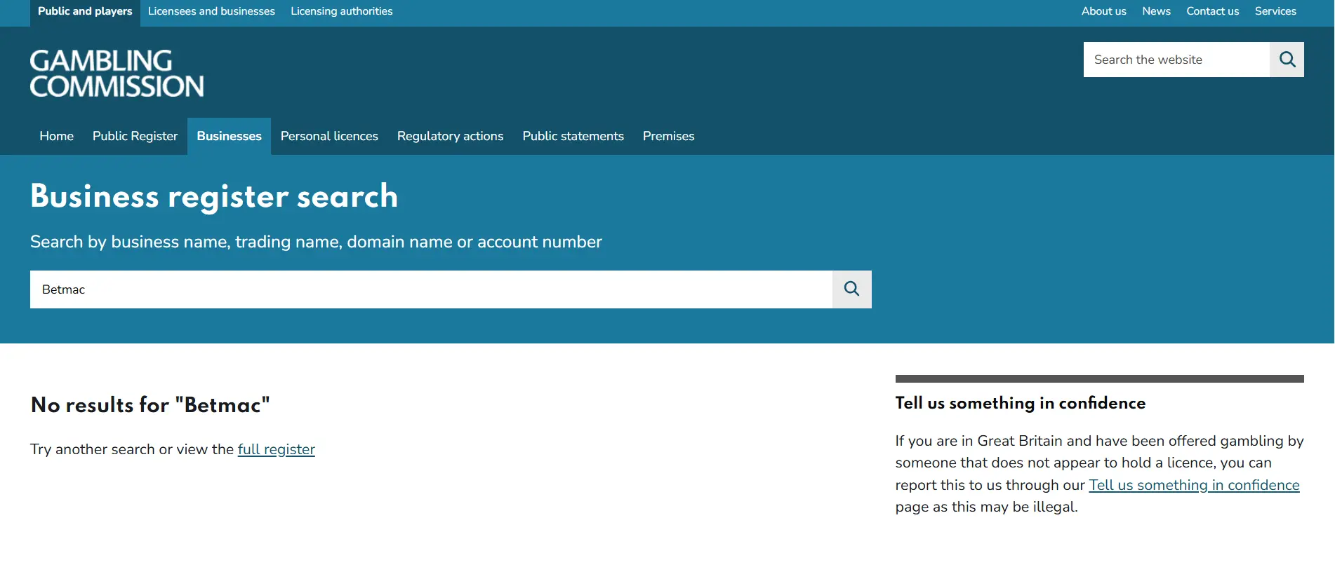 UK Gambling Commission business register search