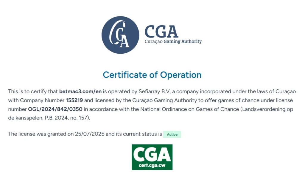 Curaçao Gaming Authority certificate for betmac.com showing Sefiarray B.V., licence number and current status