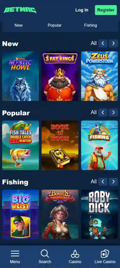 Betmac casino interface in a mobile browser