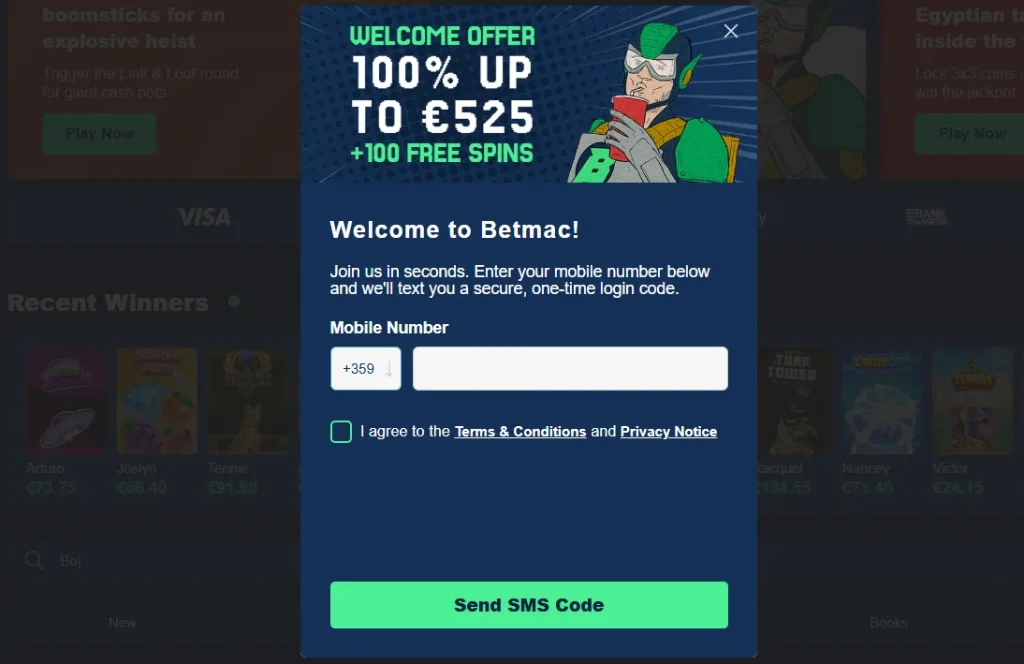 Current Betmac registration or login interface