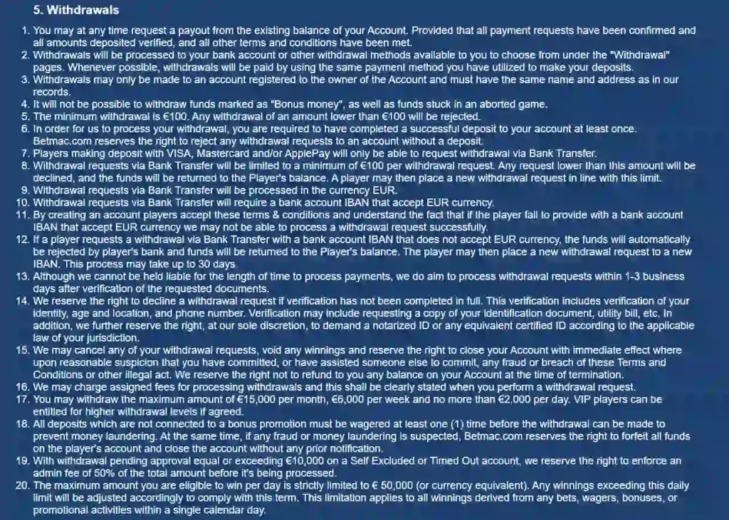 Current Betmac withdrawal screen or withdrawal terms