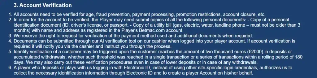 Current Betmac verification or KYC interface